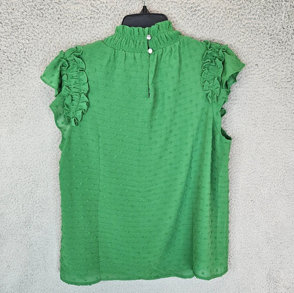 CeCe Womens Top Sz S Green Swiss Clip Dot Mock Neck Ruffles Teacher Career - Picture 7 of 12